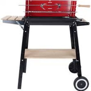 Steel Rectangular Bbq Grill With 4 Legs,Tyre And Wooden Rack Red